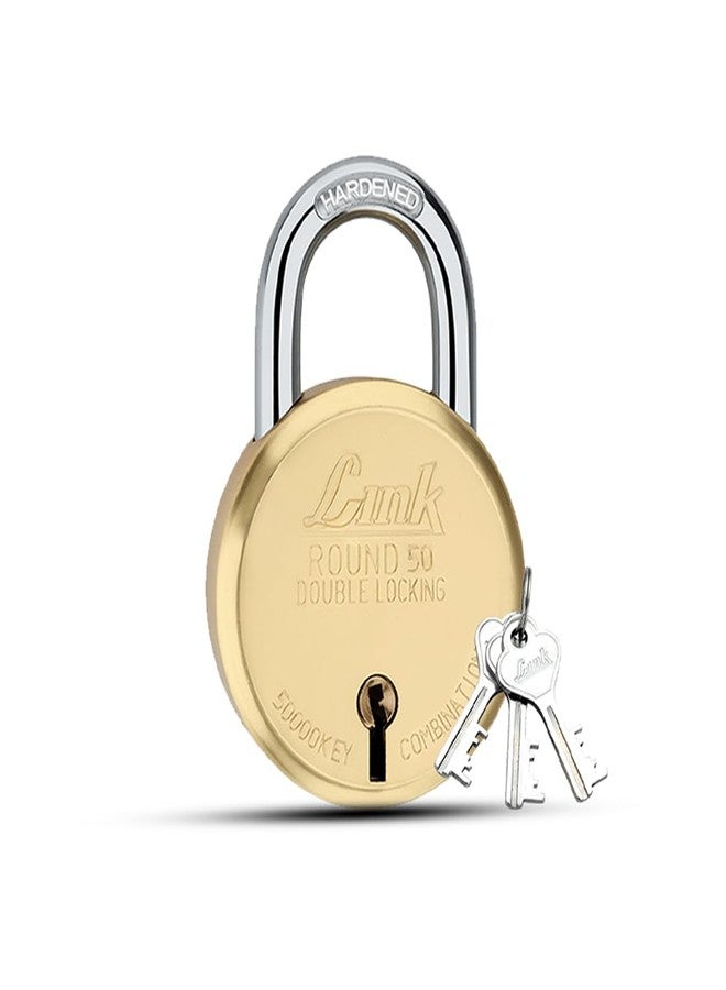 Link® 50mm Round Brass Lock | Brass Liver | Double Locking | | Padlock with 3 Silver Keys for Home Door, Office, Shop | Made in India - Image 1